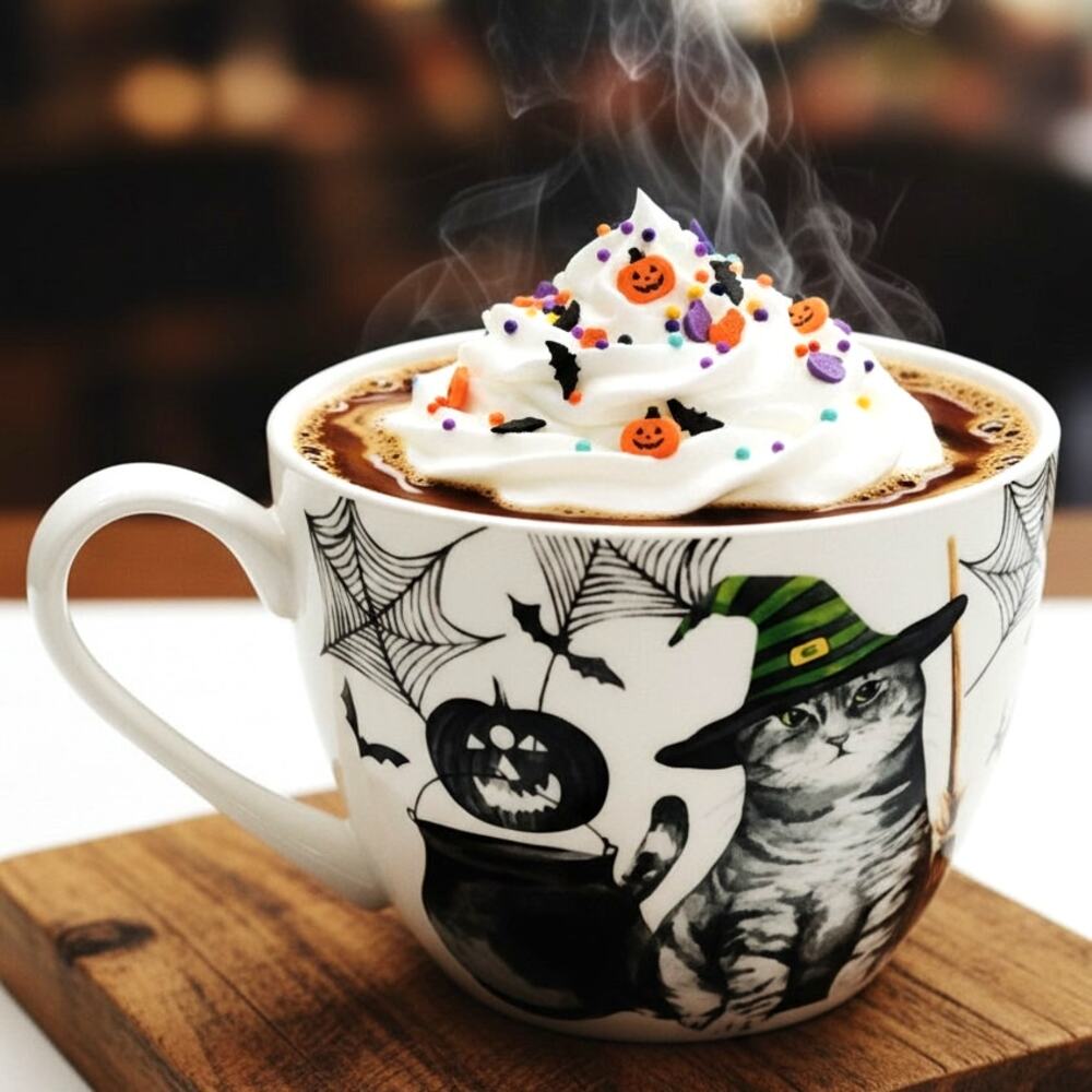 🎃 Creepy Cat Bone China Halloween Mug - Portobello By Design – Witch Bats Broom